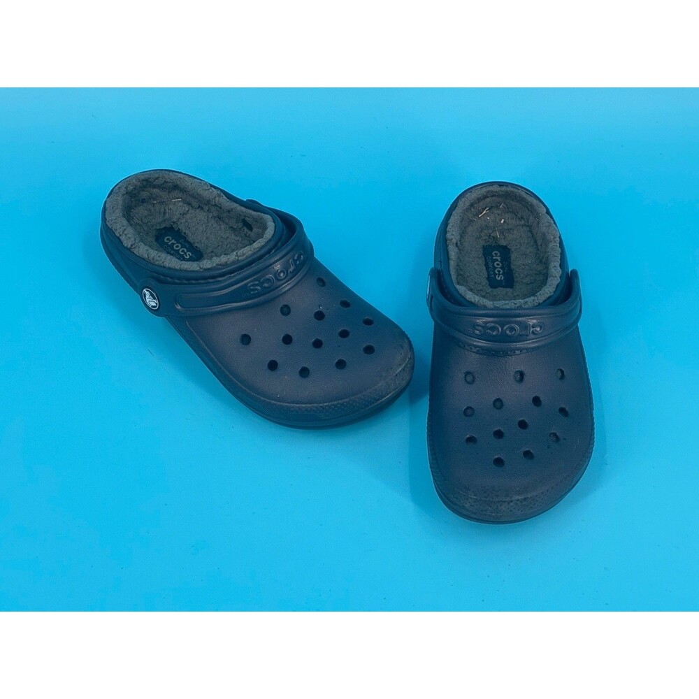 Crocs Classic Lined Clog Kids J2 Navy Blue Fleece Fur Winter Slip On Shoes